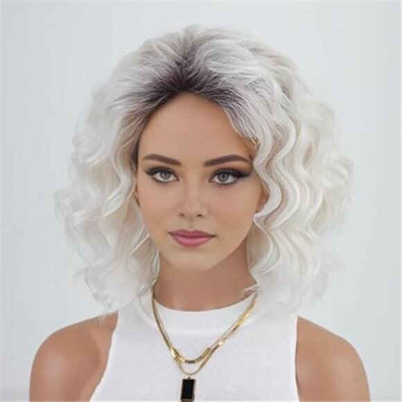 Mid-length Layered Ombre Platinum Blonde Wavy Bob Wigs for White